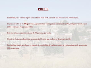 PREUS

El mètode per a establir el preu serà el basat en el cost, junt amb una previsió d'un petit benefici.


El preu calculat és de 40€/persona. Aquest inclou: visita guiada teatralitzada (19€), refrigeri/vermut, sopar
(10€) i entrada a l'espectacle (11€).


Està prevista un capacitat màxima de 30 persones per visita.


Només es farà una reducció per a menors de 10 anys, que tindran un descompte de 3€.


Per facilitar l'accés a tothom, es planteja la possibilitat de realitzar només la visita guiada, amb un preu de
20€ per persona.
 