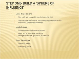 Local Organizations Non-profit (get engaged in charitable events, etc.)  Miscellaneous professional gatherings tenured up and coming Community involvement gatherings Leads Groups Professional and Relationship focused Non-  M.L.M. (multi level marketing) Strong track record - generation of Hot leads Other Gatherings After Hour events  Networking socials 