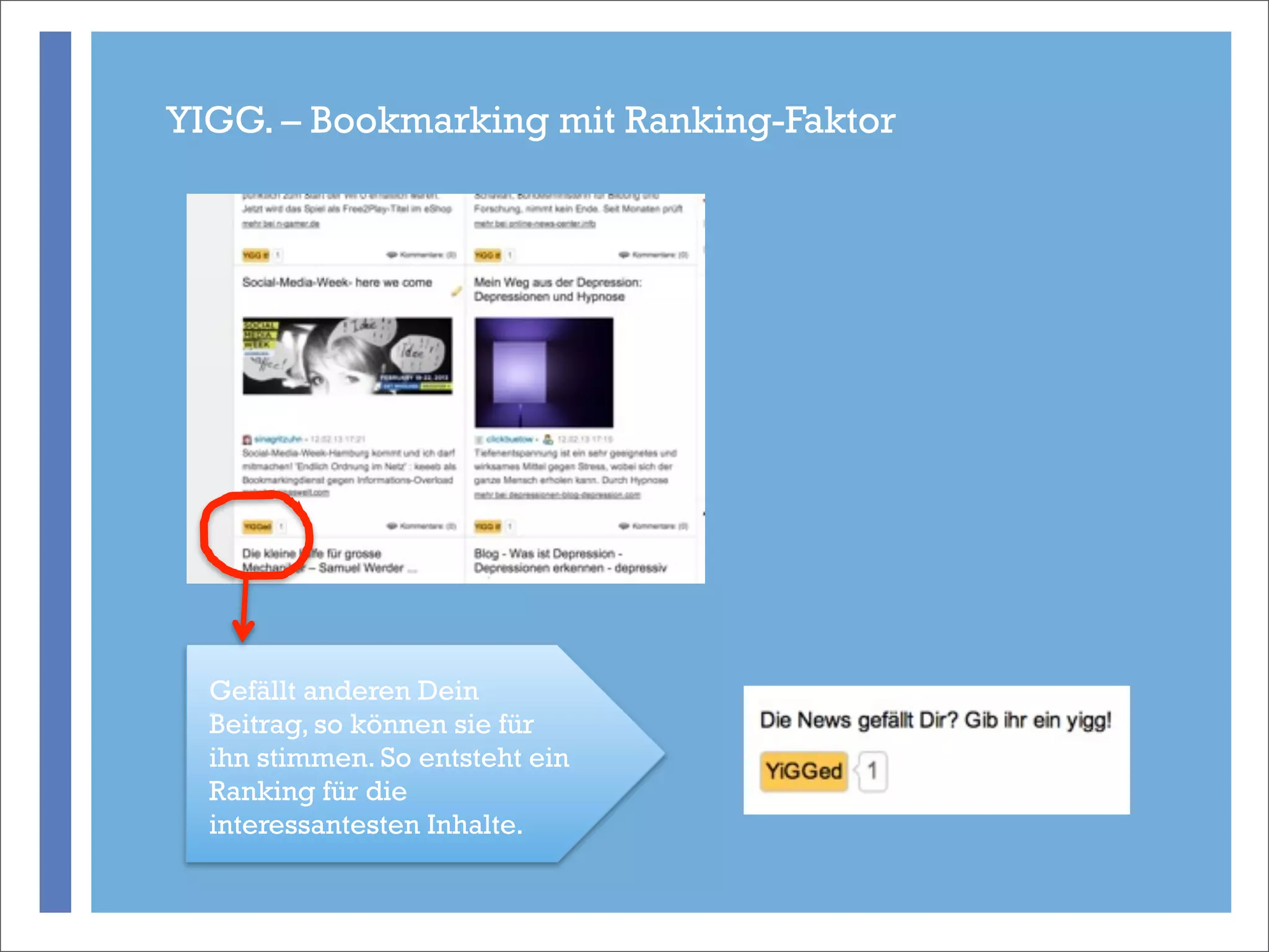 YIGG. – Bookmarking mit Ranking-Faktor




       +

  Gefällt anderen Dein
  Beitrag, so können sie für
  ihn stimmen. So entsteht ein
  Ranking für die
  interessantesten Inhalte.
 