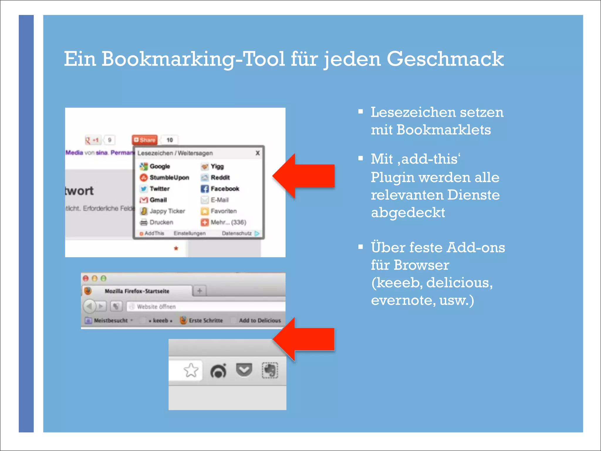 Ein Bookmarking-Tool für jeden Geschmack

                          § Lesezeichen setzen
                             mit Bookmarklets
                          § Mit ‚add-this‘
                             Plugin werden alle
                             relevanten Dienste
                             abgedeckt
      +                   § Über feste Add-ons
                             für Browser
                             (keeeb, delicious,
                             evernote, usw.)
 