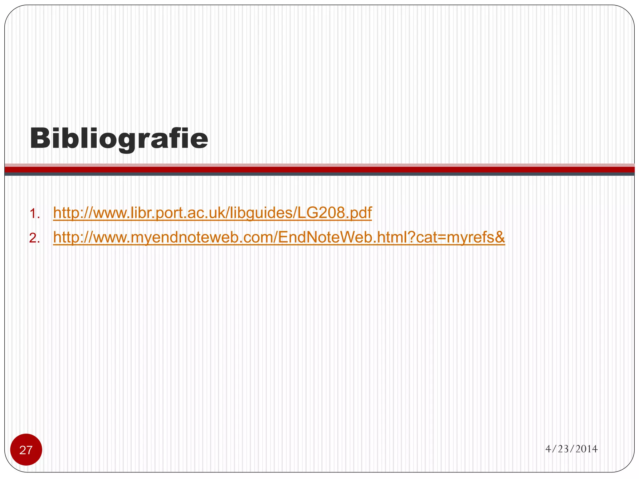 CITAREA REFERINŢELOR 
2. Generarea automată a bibliografiei (din contul web) 
1. 
Selectează grupul care conţine referinţele de interes 
2. 
Alege din listă stilul de citare 
3. 
Alege formatul fişierului (.html, .txt, .rtf) 
4. 
Salvează fişierul 
5. 
Deschide şi verifică fişierul (cu browser Internet sau editor text) 
27 4/23/2014 
Lenuţa Ursachi. Managementul referinţelor cu EndNote Basic. Galaţi, 2014 
 
