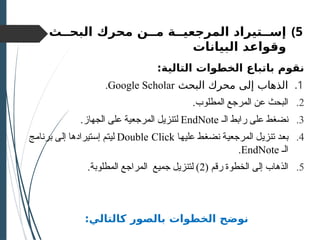 )5
‫إ‬
‫البحــث‬ ‫محرك‬ ‫مــن‬ ‫المرجعيــة‬ ‫ســتيراد‬
‫البيانات‬ ‫وقواعد‬
:‫التالية‬ ‫الخطوات‬ ‫باتباع‬ ‫نقوم‬
.1
‫البحث‬ ‫محرك‬ ‫إلى‬ ‫الذهاب‬
Google Scholar
.
.2
.‫المطلوب‬ ‫المرجع‬ ‫عن‬ ‫البحث‬
.3
‫الـ‬ ‫رابط‬ ‫على‬ ‫نضغط‬
EndNote
.‫الجهاز‬ ‫على‬ ‫المرجعية‬ ‫لتنزيل‬
.4
‫عليها‬ ‫نضغط‬ ‫المرجعية‬ ‫تنزيل‬ ‫بعد‬
Double Click
‫برنامج‬ ‫إلى‬ ‫إستيرادها‬ ‫ليتم‬
‫الـ‬
EndNote
.
.5
( ‫رقم‬ ‫الخطوة‬ ‫إلى‬ ‫الذهاب‬
2
.‫المطلوبة‬ ‫المراجع‬ ‫جميع‬ ‫لتنزيل‬ )
:‫كالتالي‬ ‫بالصور‬ ‫الخطوات‬ ‫نوضح‬
 