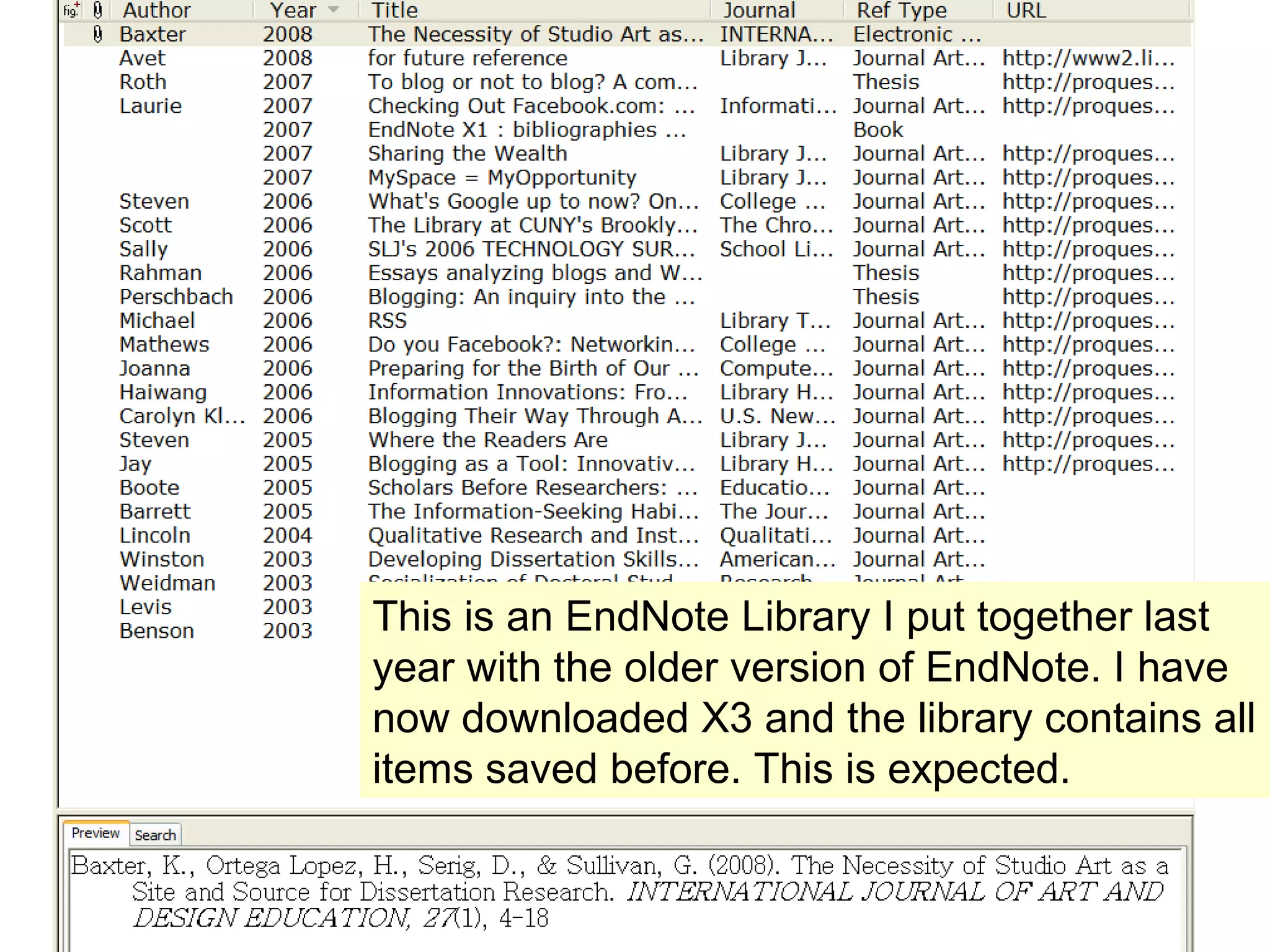 This is an EndNote Library I put together last year with the older version of EndNote. I have now downloaded X3 and the library contains all items saved before. This is expected. 