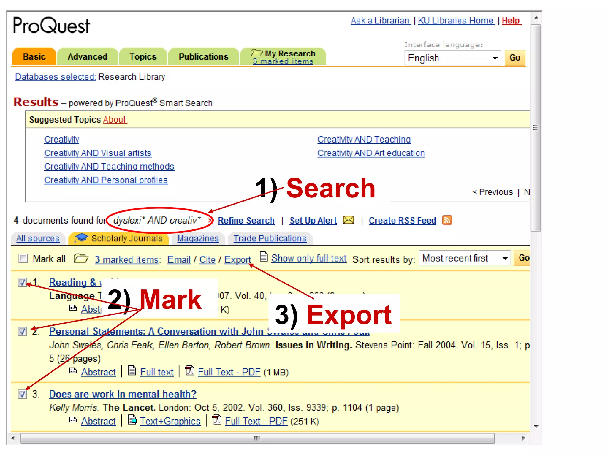 1)  Search 3)  Export 2)  Mark 