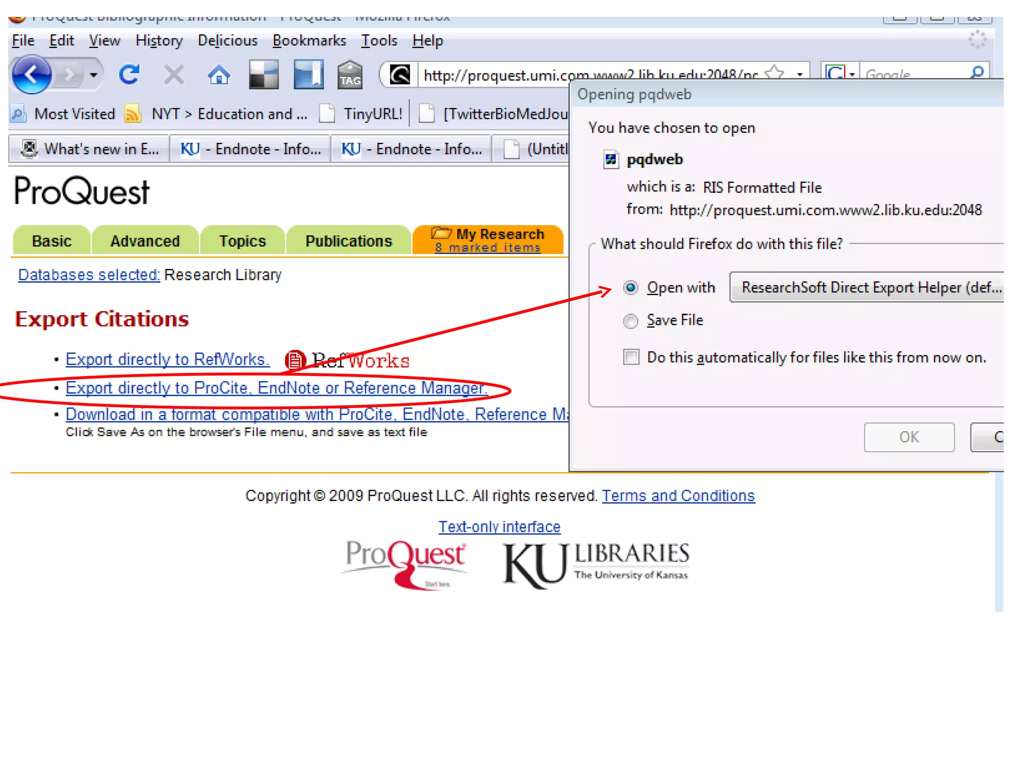 Use the drop down menu to select the directory and file into which the marked citations will be exported. 