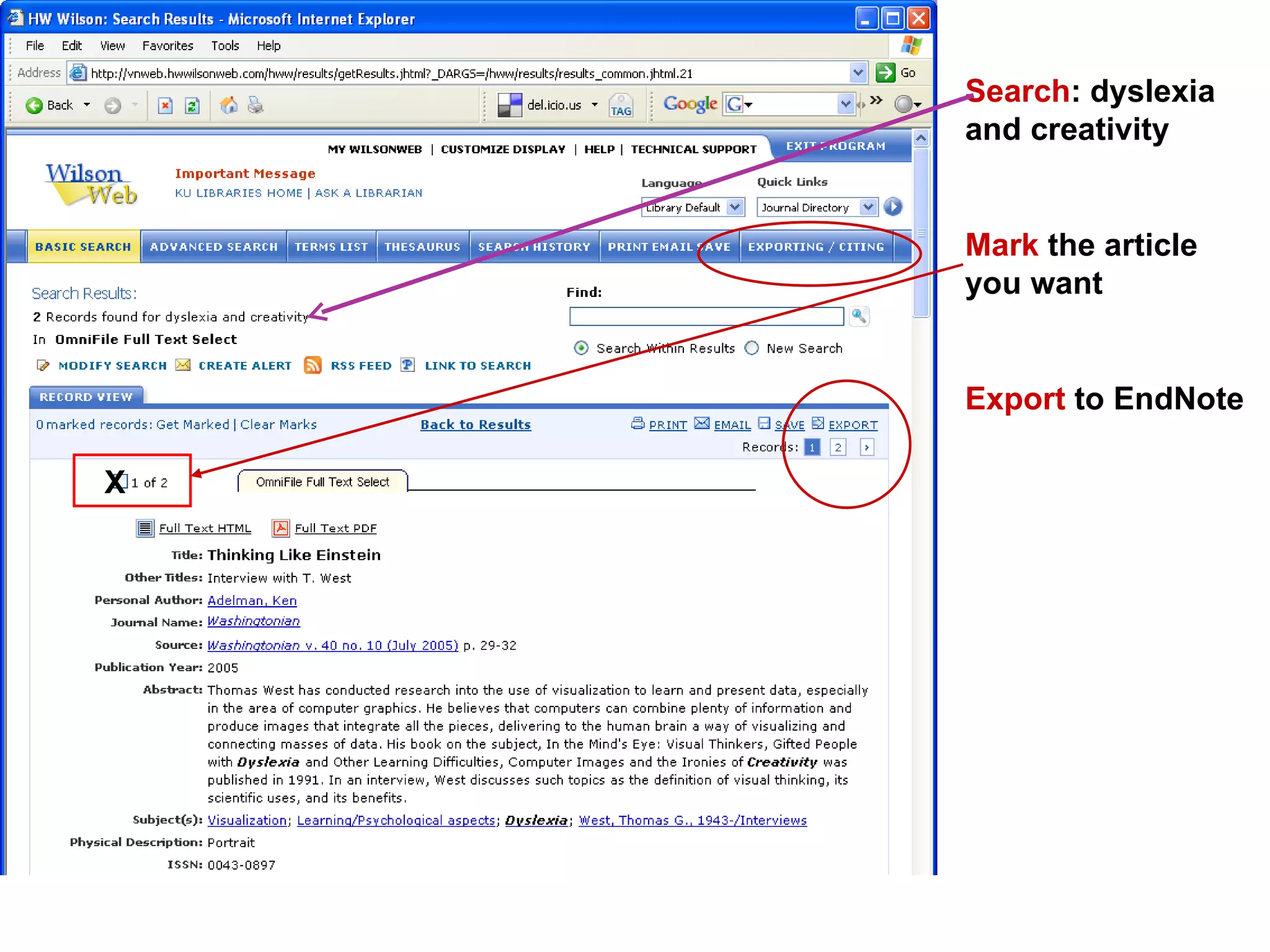 Search : dyslexia and creativity Mark  the article you want Export  to EndNote X 