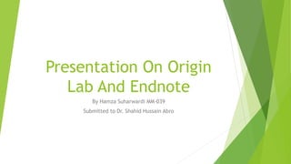Presentation On Origin
Lab And Endnote
By Hamza Suharwardi MM-039
Submitted to Dr. Shahid Hussain Abro
 