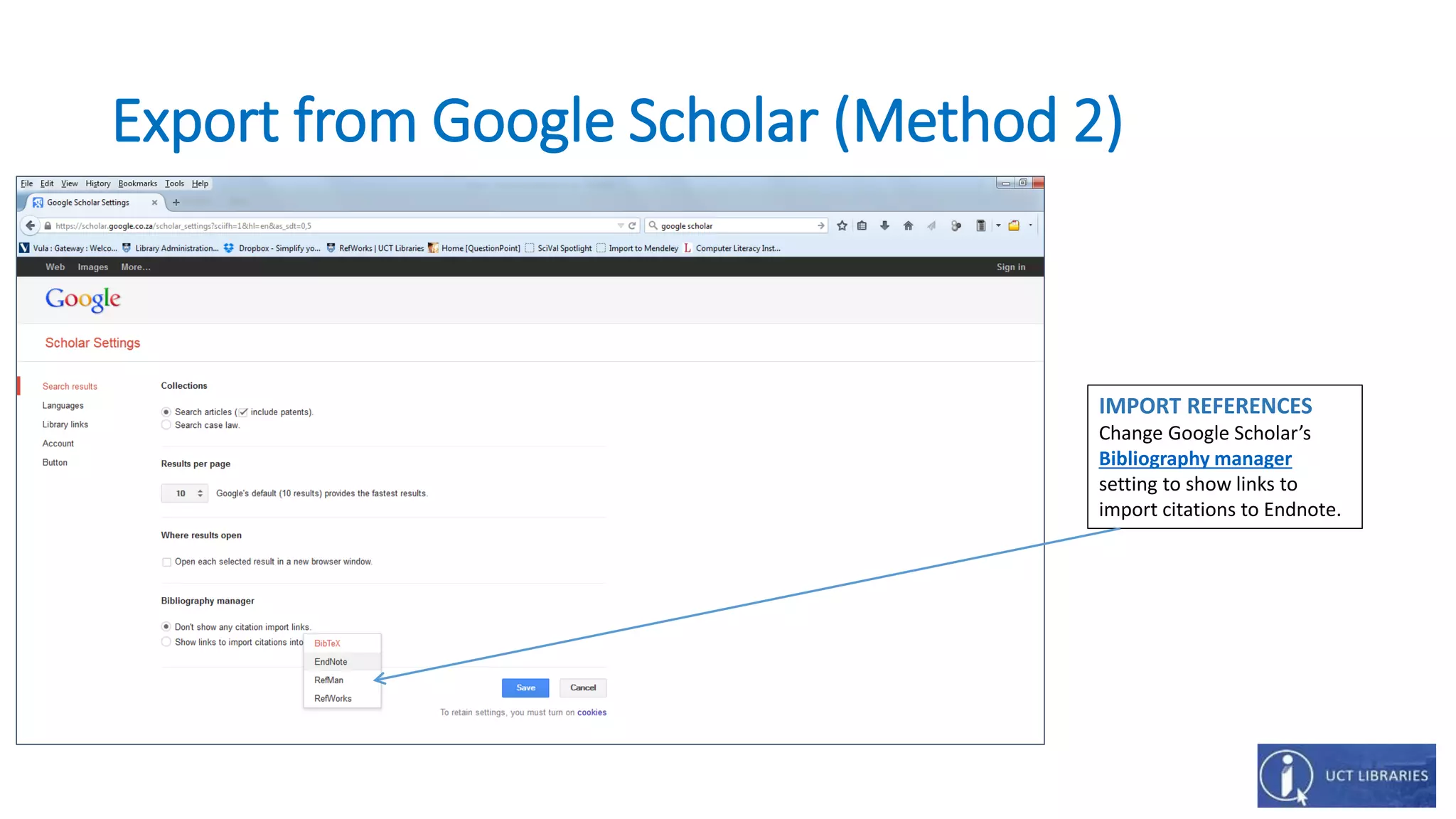Export from Google Scholar (Method 2)
IMPORT REFERENCES
Change Google Scholar’s
Bibliography manager
setting to show links to
import citations to Endnote.
 