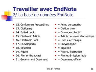Travailler avec EndNote 2/ La base de données EndNote 12. Conference Proceedings 13. Dictionary 14. Edited book 15. Electronic Article 16. Electronic Book 17. Encyclopedia 18. Equation 19. Figure 20. Film or Broadcast 21. Government Document = Actes de congrès = Dictionnaire = Ouvrage collectif = Article de revue électronique  = Livre électronique = Encyclopédie = Equation = Figure, illustration = Film et émission radio = Document officiel 