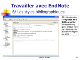 Travailler avec EndNote   6/ Les styles bibliographiques Modification des  Templates de la bibliographie  : chaque champ pour chaque type de référence, en suivant les règles de style 