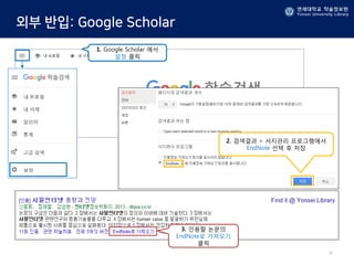 19
1. Google Scholar 에서
설정 클릭
2. 검색결과 > 서지관리 프로그램에서
EndNote 선택 후 저장
3. 인용할 논문의
EndNote로 가져오기
클릭
연세대학교 학술정보원
Yonsei University Library
 