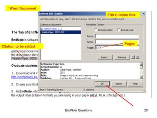 EndNote Questions Edit Citation Box Citation to be edited Word Document Pages 