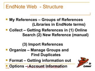 EndNote Web  - Structure My References – Groups of References    (Libraries in EndNote terms) Collect – Getting References in (1) Online    Search (2) New Reference (manual)    (3) Import References Organize – Manage Groups and    Find Duplicates  Format – Getting information out Options – Account Information HSM 
