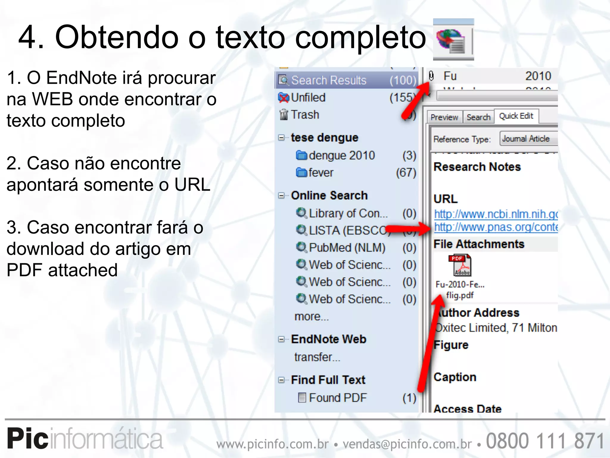 4. Obtendo o texto completo
1. O EndNote irá procurar
na WEB onde encontrar o
texto completo

2. Caso não encontre
apontará somente o URL

3. Caso encontrar fará o
download do artigo em
PDF attached
 