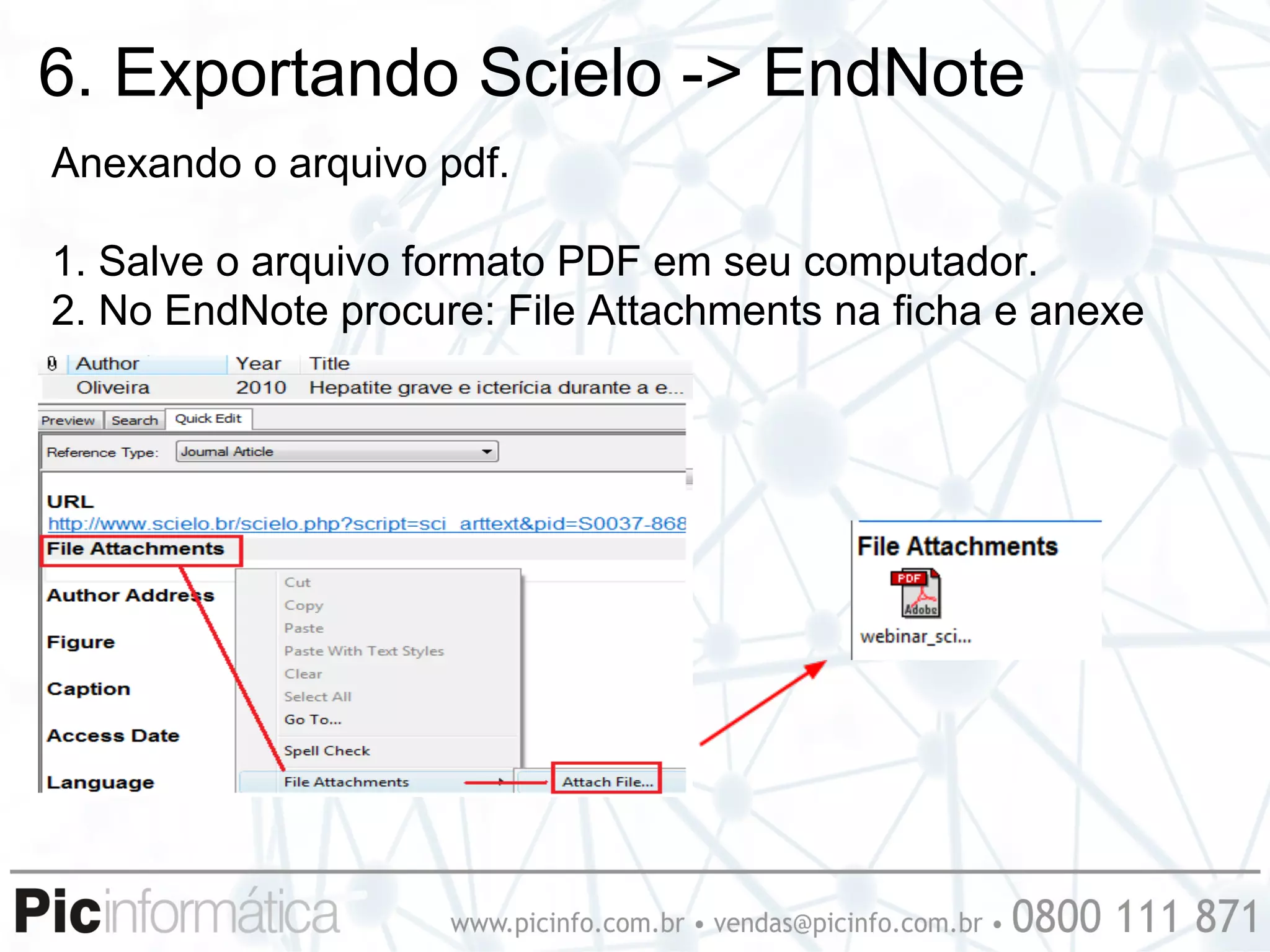 6. Exportando Scielo -> EndNote
Anexando o arquivo pdf.

1. Salve o arquivo formato PDF em seu computador.
2. No EndNote procure: File Attachments na ficha e anexe
 