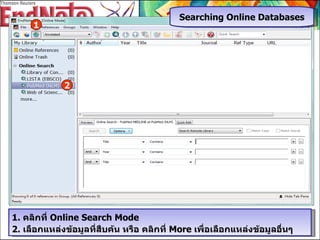 Searching Online Databases 2 1.  คลิกที่  Online Search Mode 2.  เลือกแหล่งข้อมูลที่สืบค้น หรือ คลิกที่  More  เพื่อเลือกแหล่งข้อมูลอื่นๆ 1 