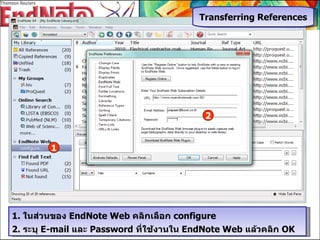 Transferring References 1 1.  ในส่วนของ  EndNote Web  คลิกเลือก  configure 2.  ระบุ  E-mail  และ  Password  ที่ใช้งานใน  EndNote Web  แล้วคลิก  OK 2 