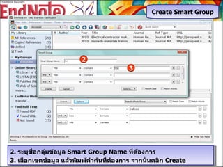 2.  ระบุชื่อกลุ่มข้อมูล  Smart Group Name  ที่ต้องการ  3.  เลือกเขตข้อมูล แล้วพิมพ์คำค้นที่ต้องการ จากนั้นคลิก  Create 2 3 Create Smart Group 