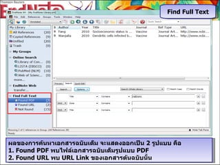 ผลของการค้นหาเอกสารฉบับเต็ม จะแสดงออกเป็น  2  รูปแบบ คือ  1. Found PDF  พบไฟล์เอกสารฉบับเต็มรูปแบบ  PDF 2. Found URL  พบ  URL Link  ของเอกสารต้นฉบับนั้น Find Full Text 
