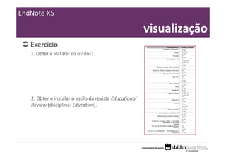 EndNote X5

                                                          visualização
   Exercício 
   1. Obter e instalar os estilos:




   2. Obter e instalar o estilo da revista Educational 
   Review (disciplina: Education).
 