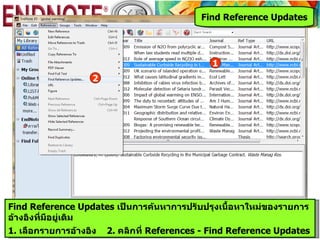 Find Reference Updates




                                              1
                   2




Find Reference Updates เป็นการค้นหาการปรับปรุงเนื้อหาใหม่ของรายการ
อ้างอิงที่มีอยู่เดิม
1. เลือกรายการอ้างอิง 2. คลิกที่ References - Find Reference Updates
 