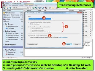 Transferring References



                            3


                                              4


                                5


                                          6




3. เลือกห้องสมุดที่จะถ่ายโอน
4. เลือกรูปแบบการถ่ายโอนจาก Web ไป Desktop หรือ Desktop ไป Web
5. รวมข้อมูลที่เป็นไฟล์เอกสารหรือภาพด้วย     6. คลิก Transfer
 