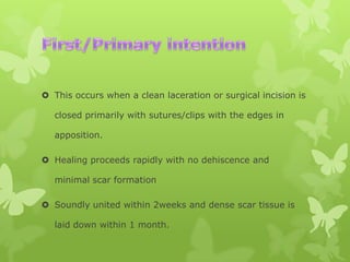  This occurs when a clean laceration or surgical incision is
closed primarily with sutures/clips with the edges in
apposition.

 Healing proceeds rapidly with no dehiscence and
minimal scar formation
 Soundly united within 2weeks and dense scar tissue is
laid down within 1 month.

 