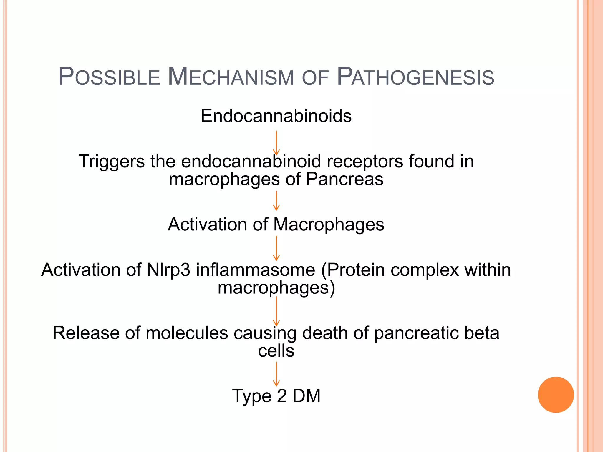 POSSIBLE MECHANISM OF PATHOGENESIS
Endocannabinoids
Triggers the endocannabinoid receptors found in
macrophages of Pancreas
Activation of Macrophages
Activation of Nlrp3 inflammasome (Protein complex within
macrophages)
Release of molecules causing death of pancreatic beta
cells
Type 2 DM
 