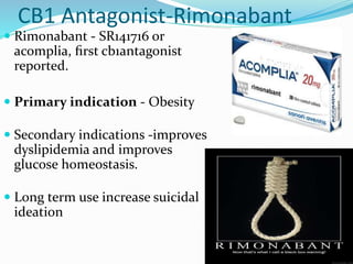 CB1 Antagonist-Rimonabant
 Rimonabant - SR141716 or
acomplia, ﬁrst cb1antagonist
reported.
 Primary indication - Obesity
 Secondary indications -improves
dyslipidemia and improves
glucose homeostasis.
 Long term use increase suicidal
ideation
 