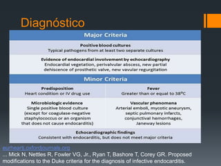 Diagnóstico
eurheartj.oxfordjournals.org
... Mick N, Nettles R, Fowler VG, Jr., Ryan T, Bashore T, Corey GR. Proposed
modifications to the Duke criteria for the diagnosis of infective endocarditis.
 