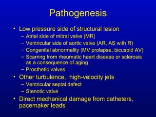 Pathogenesis
• Low pressure side of structural lesion
– Atrial side of mitral valve (MR)
– Ventricular side of aortic valve (AR, AS with R)
– Congenital abnormality (MV prolapse, bicuspid AV)
– Scarring from rheumatic heart disease or sclerosis
as a consequence of aging
– Prosthetic valves
• Other turbulence, high-velocity jets
– Ventricular septal defect
– Stenotic valve
• Direct mechanical damage from catheters,
pacemaker leads
 