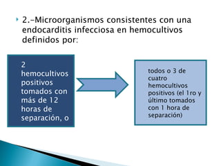    2.-Microorganismos consistentes con una
    endocarditis infecciosa en hemocultivos
    definidos por:

    2
                                 todos o 3 de
    hemocultivos
                                 cuatro
    positivos                    hemocultivos
    tomados con                  positivos (el 1ro y
    más de 12                    último tomados
    horas de                     con 1 hora de
                                 separación)
    separación, o
 