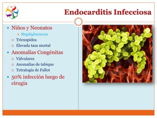 Endocarditis Infecciosa

 Niños y Neonatos
       Staphylococcus
    Tricuspidea
    Elevada tasa mortal
 Anomalías Congénitas
    Válvulares
    Anomalías de tabique
    Tetralogía de Fallot
 50% infección luego de
 cirugía
 