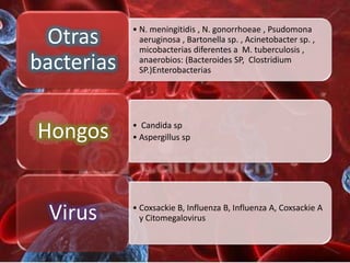 • N. meningitidis , N. gonorrhoeae , Psudomona
 Otras        aeruginosa , Bartonella sp. , Acinetobacter sp. ,
              micobacterias diferentes a M. tuberculosis ,
bacterias     anaerobios: (Bacteroides SP, Clostridium
              SP.)Enterobacterias




Hongos      • Candida sp
            • Aspergillus sp




 Virus      • Coxsackie B, Influenza B, Influenza A, Coxsackie A
              y Citomegalovirus
 