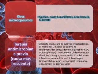 • Spirillum minor, S. moniliformis, C. trachomatis,
  C. burnetii




• descarte prematuro de cultivos (micobacterias,
  B. melitensis), medios de cultivo no
  suplementados adecuadamente (grupo HACEK,
  Abiotrophia sp.) , bartonelosis , infecciones por
  clamidias u hongos, endocarditis trombótica no
  infecciosa , miocarditis viral ,infección por
  Granulicatella elegans ,endocarditis marántica,
  endocarditis de Libman-Sacks
 