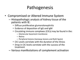 Pathogenesis 
• Compromised or Altered Immune System 
– Histopathologic analysis of kidney tissue of the 
patients with IE: 
• Diffuse proliferative glumerolonephritis 
• Evidence of deposition of IgG and IgM 
• Circulating immune complexes (CICs) may be found in the: 
– Glomerular basement membrane 
– Retina 
– Peripheral lesions (Janeway lesions and Roth Spots) 
• CIC Levels correlate with the duration of the illness 
• Drop in CIC levels correlate with the success of the 
treatment 
– Various manifestations of complement activation 
 