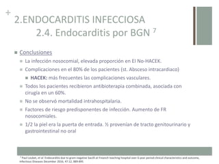 +
2.ENDOCARDITIS INFECCIOSA
2.4. Endocarditis por BGN 7
 Conclusiones
 La infección nosocomial, elevada proporción en EI No-HACEK.
 Complicaciones en el 80% de los pacientes (st. Absceso intracardiaco)
 HACEK: más frecuentes las complicaciones vasculares.
 Todos los pacientes recibieron antibioterapia combinada, asociada con
cirugía en un 60%.
 No se observó mortalidad intrahospitalaria.
 Factores de riesgo predisponentes de infección. Aumento de FR
nosocomiales.
 1/2 la piel era la puerta de entrada. ½ provenían de tracto genitourinario y
gastrointestinal no oral
.7 Paul Loubet, et al. Endocarditis due to gram-negative bacilli at Freanch teaching hospital over 6-year period:clinical characteristics and outcome,
Infectious Diseases December 2016, 47:12, 889-895
 