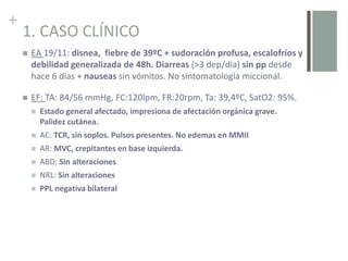 +
1. CASO CLÍNICO
 EA 19/11: disnea, fiebre de 39ºC + sudoración profusa, escalofríos y
debilidad generalizada de 48h. Diarreas (>3 dep/dia) sin pp desde
hace 6 días + nauseas sin vómitos. No sintomatología miccional.
 EF: TA: 84/56 mmHg, FC:120lpm, FR:20rpm, Ta: 39,4ºC, SatO2: 95%.
 Estado general afectado, impresiona de afectación orgánica grave.
Palidez cutánea.
 AC: TCR, sin soplos. Pulsos presentes. No edemas en MMII
 AR: MVC, crepitantes en base izquierda.
 ABD: Sin alteraciones
 NRL: Sin alteraciones
 PPL negativa bilateral
 