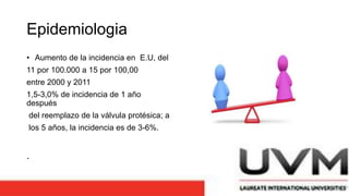 Epidemiologia
• Aumento de la incidencia en E.U, del
11 por 100.000 a 15 por 100,00
entre 2000 y 2011
1,5-3,0% de incidencia de 1 año
después
del reemplazo de la válvula protésica; a
los 5 años, la incidencia es de 3-6%.
.
 