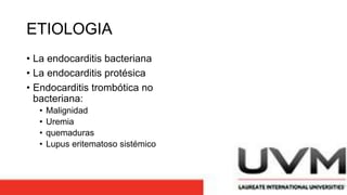 ETIOLOGIA
• La endocarditis bacteriana
• La endocarditis protésica
• Endocarditis trombótica no
bacteriana:
• Malignidad
• Uremia
• quemaduras
• Lupus eritematoso sistémico
 