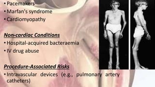 •Pacemakers
•Marfan's syndrome
•Cardiomyopathy
Non-cardiac Conditions
•Hospital-acquired bacteraemia
•IV drug abuse
Procedure-Associated Risks
•Intravascular devices (e.g., pulmonary artery
catheters)
 