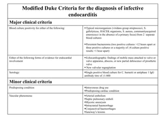 Modified Duke Criteria for the diagnosis of infective
endocarditis
Major clinical criteria
Blood culture positivity for either of the following: Typical microorganism (viridans group streptococci, S.
gallolyticus, HACEK organisms, S. aureus, communityacquired
enterococci in the absence of a primary focus) from 2 separate
blood cultures
Persistent bactaeremia (two positive cultures >12 hours apart or
three positive cultures or a majority of ≥4 culture positive
results >1 hour apart)
Either of the following forms of evidence for endocardial
involvement
Echocardiographic findings of mobile mass attached to valve or
valve apparatus, abscess, or new partial dehiscence of prosthetic
valve
 New valvular regurgitation
Serology: Single positive blood culture for C. burnetii or antiphase 1 IgG
antibody titre of ≥1:800
Minor clinical criteria
Predisposing condition Intravenous drug use
Predisposing cardiac condition
Vascular phenomena: Arterial embolism
Septic pulmonary emboli
Mycotic aneurysm
Intracranial haemorrhage
Conjunctival haemorrhages
Janeway’s lesions
 