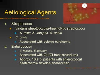 Aetiological Agents
1. Streptococci
 Viridans streptococci/α-haemolytic streptococci
 S. mitis, S. sanguis, S. oralis
 S. bovis
 Associated with colonic carcinoma
2. Enterococci
 E. faecalis, E. faecium
 Associated with GU/GI tract procedures
 Approx. 10% of patients with enterococcal
bacteraemia develop endocarditis
 