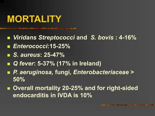 MORTALITY
 Viridans Streptococci and S. bovis : 4-16%
 Enterococci:15-25%
 S. aureus: 25-47%
 Q fever: 5-37% (17% in Ireland)
 P. aeruginosa, fungi, Enterobacteriaceae >
50%
 Overall mortality 20-25% and for right-sided
endocarditis in IVDA is 10%
 