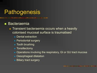Pathogenesis
 Bacteraemia
 Transient bacteraemia occurs when a heavily
colonised mucosal surface is traumatised
 Dental extraction
 Periodontal surgery
 Tooth brushing
 Tonsillectomy
 Operations involving the respiratory, GI or GU tract mucosa
 Oesophageal dilatation
 Biliary tract surgery
 