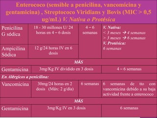 Enterococo (sensible a penicilina, vancomicina y
gentamicina) , Streptococo Viridians y Bovis (MIC > 0,5
ug/mL) V. Nativa o Protésica
Penicilina
G sódica
18 - 30 millones U/ 24
horas en 4 – 6 dosis
4 – 6
semanas
V. Nativa:
< 3 meses  4 semanas
> 3 meses  6 semanas
V. Protésica:
6 semanas
Ampicilina
Sódica
12 g/24 horas IV en 6
dosis
MÁS
Gentamicina 3mg/Kg IV dividido en 3 dosis 4 – 6 semanas
En Alérgicos a penicilina:
Vancomicina 30mg/24 horas en 2
dosis (Máx: 2 g/día)
6 semanas 6 semanas de tto con
vancomicina debido a su baja
actividad frente a enterococo
MÁS
Gentamicina 3mg/Kg IV en 3 dosis 6 semanas
 
