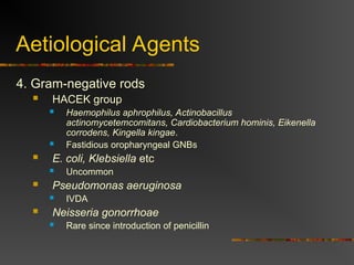Aetiological Agents
4. Gram-negative rods
 HACEK group
 Haemophilus aphrophilus, Actinobacillus
actinomycetemcomitans, Cardiobacterium hominis, Eikenella
corrodens, Kingella kingae.
 Fastidious oropharyngeal GNBs
 E. coli, Klebsiella etc
 Uncommon
 Pseudomonas aeruginosa
 IVDA
 Neisseria gonorrhoae
 Rare since introduction of penicillin
 