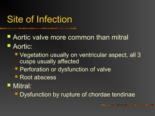 Site of Infection
 Aortic valve more common than mitral
 Aortic:
 Vegetation usually on ventricular aspect, all 3
cusps usually affected
 Perforation or dysfunction of valve
 Root abscess
 Mitral:
 Dysfunction by rupture of chordae tendinae
 