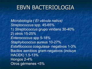 EBVN BACTERIOLOGIA

Microbiología ( EI válvula nativa)
Streptococcus spp. 45-65%
1) Streptococcus grupo viridans 30-40%
2) otros 15-25%
Enterococcus spp 5-18%
Staphylococcus aureus 10-27%
Estafilococos coagulasa- negativos 1-3%
Bacilos aerobios gram-negativos (incluye
HACEK) 1.5-13%
Hongos 2-4%
Otros gérmenes <5%
 