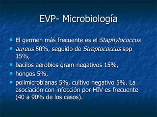 EVP- Microbiología

   El germen más frecuente es el Staphylococcus
   aureus 50%, seguido de Streptococcus spp
    15%,
   bacilos aerobios gram-negativos 15%,
   hongos 5%,
   polimicrobianas 5%, cultivo negativo 5%. La
    asociación con infección por HIV es frecuente
    (40 a 90% de los casos).
 